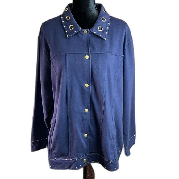 Vintage Needle & Threads | Navy Button Down Cardigan Shacket w Gold Buttons 1X - Picture 1 of 11